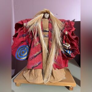 Vintage Japanese Kabuki White Lion Dancer Paper Mache Figure on wooden stand